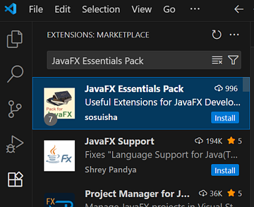 拡張機能からJavaFX Essentials Packを検索